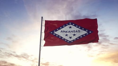 Realistic Arkansas State Flag Waving with Dramatic Sky