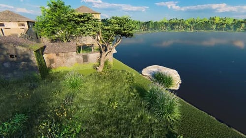 Aerial Flythrough of Old Buildings By A Serene Lake