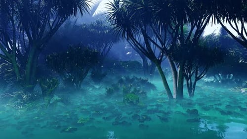 Mysterious Foggy Swamp Forest Scene with Ethereal Lighting