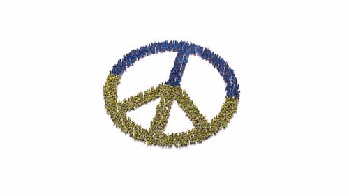 Dynamic Animated Crowd Forms Blue and Yellow Peace Symbol