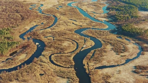 Aerial View Curved River In Early Spring Landscape