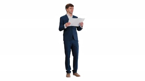 Man in Suit Reading Documents on White Background