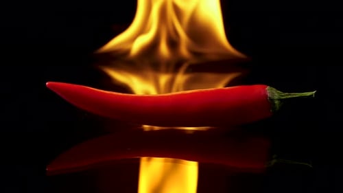 Red Chili Pepper with Flames on Black Surface