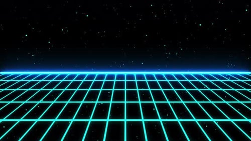 Retro Neon Grid Horizon Tunnel with Glowing Blue Particles Loop