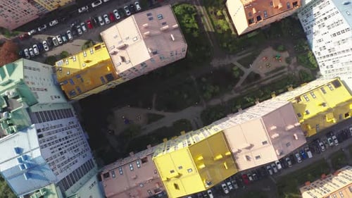Top view of the colorful modern buildings, aerial footage from the drone