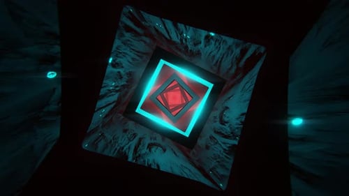 Abstract Rotating Neon Cyan Pink Square Tunnel with Reflections