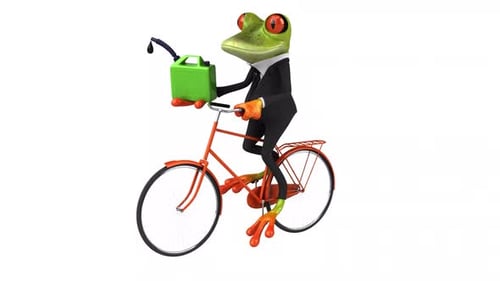 3D Animated Frog in Suit Riding Bicycle with Gas Can