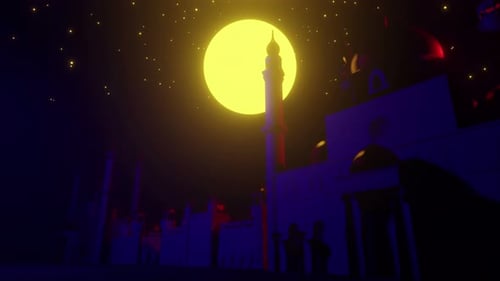 Geometric Mosque Animation with Glowing Moon and Stars for Islamic Events