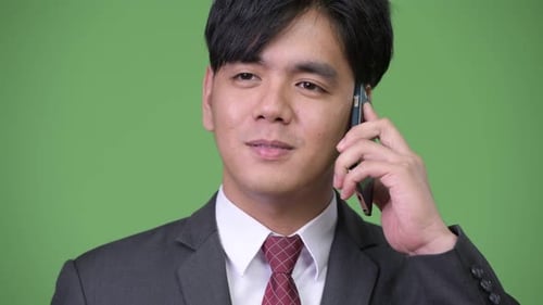 Smiling Young Adult Businessman Talking on Phone