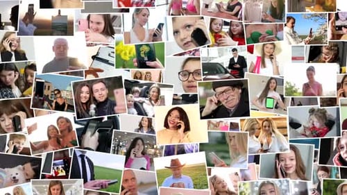 Video collage of 116 people, collage of different multiethnic people looking at camera.
