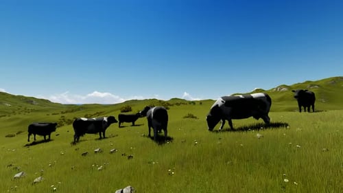 Animated Cows Grazing on Green Hillside in Modern Style