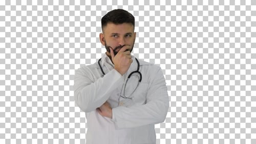 Doctor standing and thinking hard, Alpha Channel