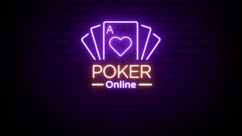 Sinal de néon de poker online no fundo da parede de tijolos 4K