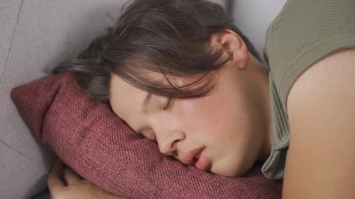 Young Adult Napping Peacefully on Sofa Pillow