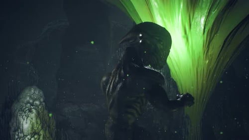 Alien Creature Exploring a Dark Cave with Glowing Fungi