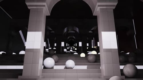 Geometric Tunnel with Glowing Spheres and Arches