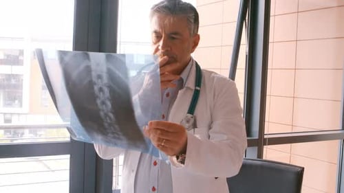 Doctor Examining Spinal X-Ray in Bright Office