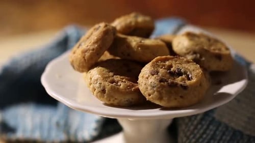 Close Up of Chocolate Chip Cookies on Cake Stand