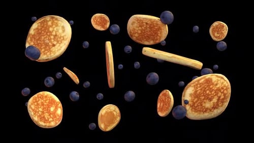 Floating Pancakes and Blueberries on Black Background