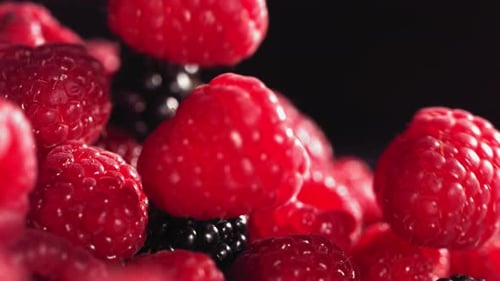 Fresh Raspberries and Blackberries Falling in Slow Motion
