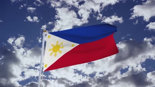 Waving Philippines Flag with Blue Sky and Clouds
