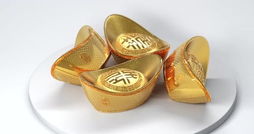 Chinese Golden Ingots are Spinning on a Stand on a White Background Seamless Loop 3d Render