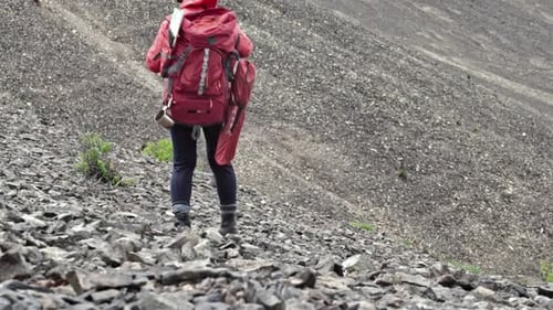 Vista trasera de mujer mochilera caminando en las montañas