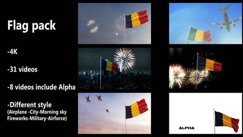 Dynamic Chad Romania Flag Waving Animation with Fireworks and Airplanes