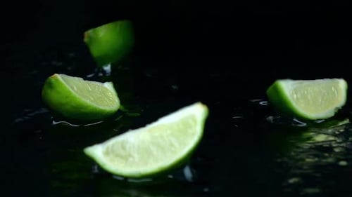 Lime Falls on the Table and Splits Into Pieces. Black Background. Slow Motion