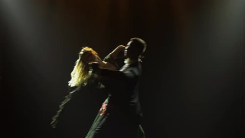 In the Dark Among the Smoke a Silhouette of a Couple is Seen Dancing Elements of a Waltz