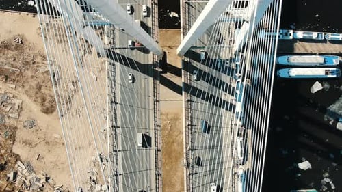 Aerial Shooting Over the Cable Bridge Structure, Cars Driving Over the Bridge