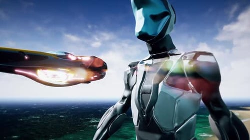 Futuristic Robot and Sleek Spaceship Flying over Ocean