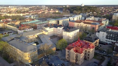 Aerial view of suburban area with residential houses.