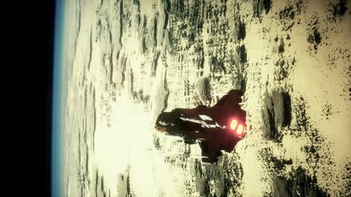 Futuristic Spaceship Flies Over Alien Planet Horizon in Deep Space