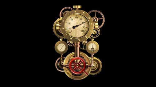 Vintage Steampunk Engine Animation with Rotating Gears and Gauges