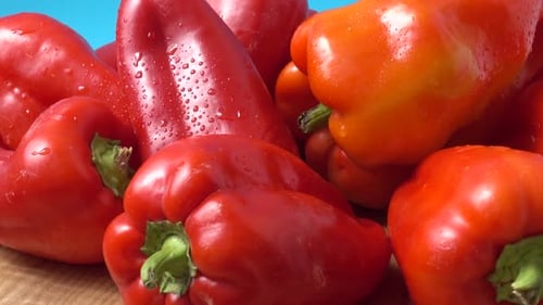 Close-up of Red Bell Peppers on Cutting Board