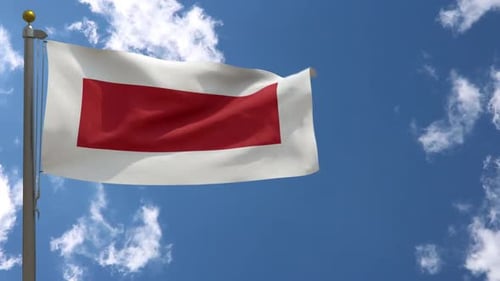 Realistic White Flag with Red Placeholder Waving in Blue Sky