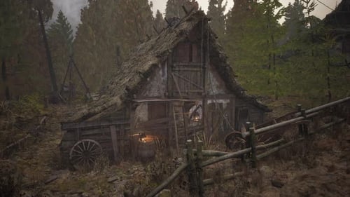 Old Rural Abandoned Wooden Village Under Cloudy Sky in Autumn Season