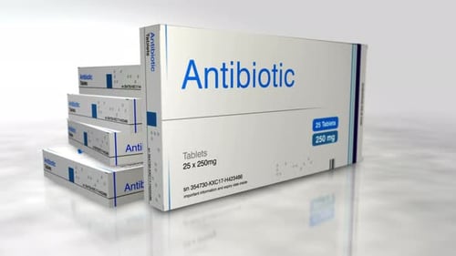 Abstraktes Konzept, 3D-Darstellung einer Antibiotika-Medikamentenbox