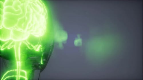 Glowing Neon Green Human Brain and Neural Network Animation
