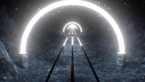 Fly in Abstract Neon Light Tunnel on Sci-Fi Alien Planet Surface - 1080p