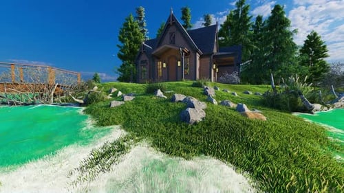 Animated Lake Cabin Scene with Fish and Birds