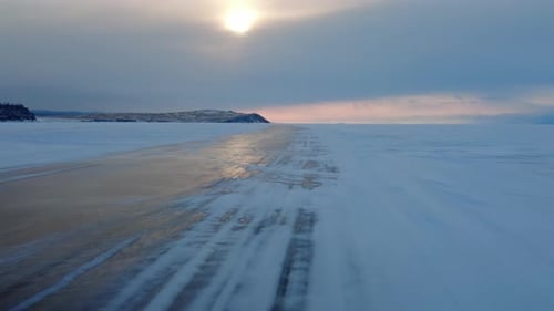 Driving on Ice Road of Lake Baikal