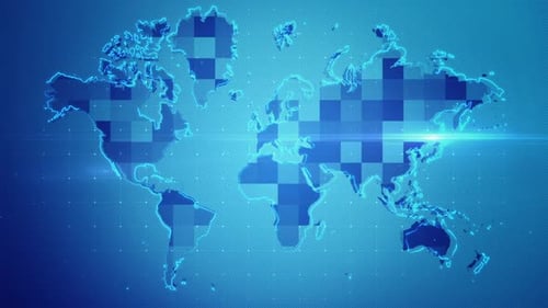 Futuristic Digital World Map Glowing Grid Background