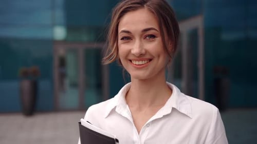 Businesswoman Successful Woman Business Person Standing Outdoor Corporate Building Exterior. Excited