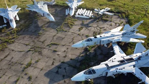 Aerial Drone View Flight Over Old Rusty Broken Plane Aircraft