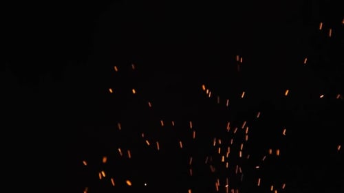 Campfire Sparks Rise Up Against a Black Background. Slow Motion 240 Fps