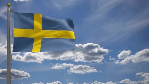 Waving Flag of Sweden Against a Blue Sky with Clouds