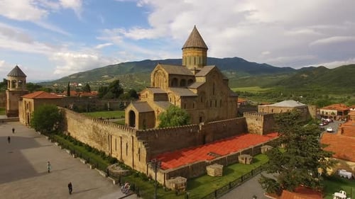 Aerial Footage of Svetitskhoveli Cathedral, North of Tbilisi, Tourism in Georgia