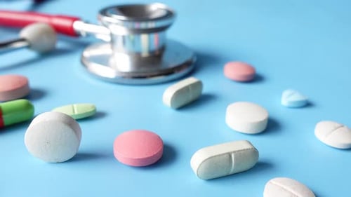 Colorful Pills and Stethoscope on Blue Surface